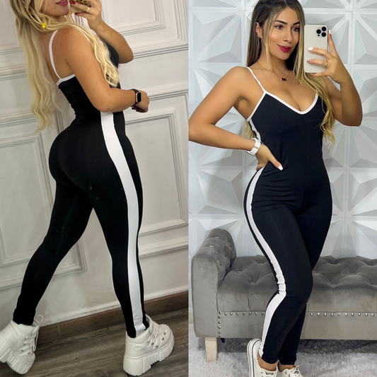 ENTERIZO PANDA LARGO NEGRO RAYA BLANCA