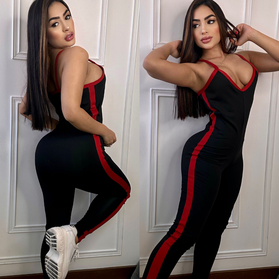 ENTERIZO PANDA LARGO NEGRO RAYA ROJA