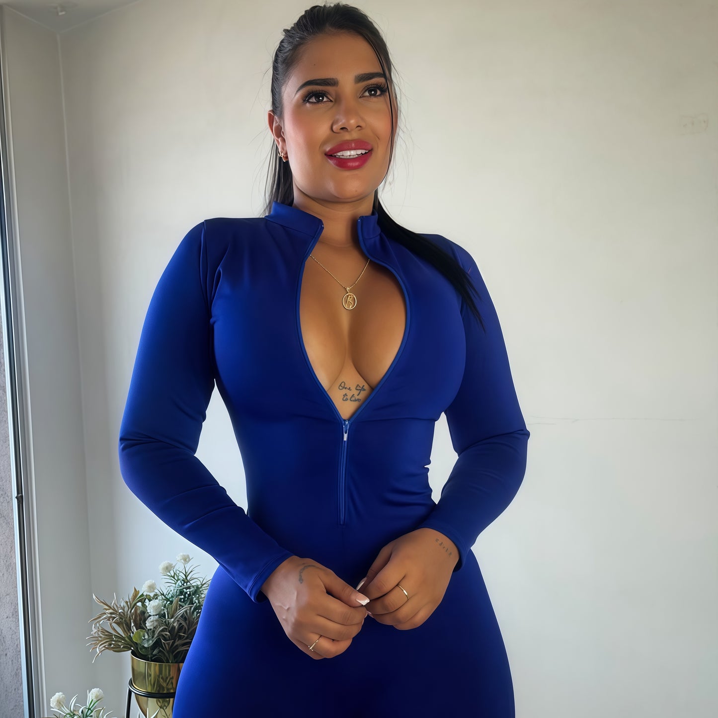 ENTERIZO CORTO MANGA LARGA AZUL