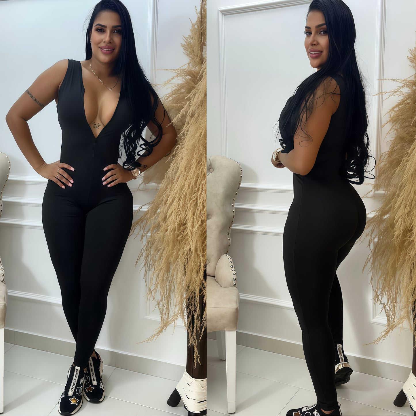 ENTERIZO LARGO MANGA SISA NEGRO CON CIERRE Y ESCOTE