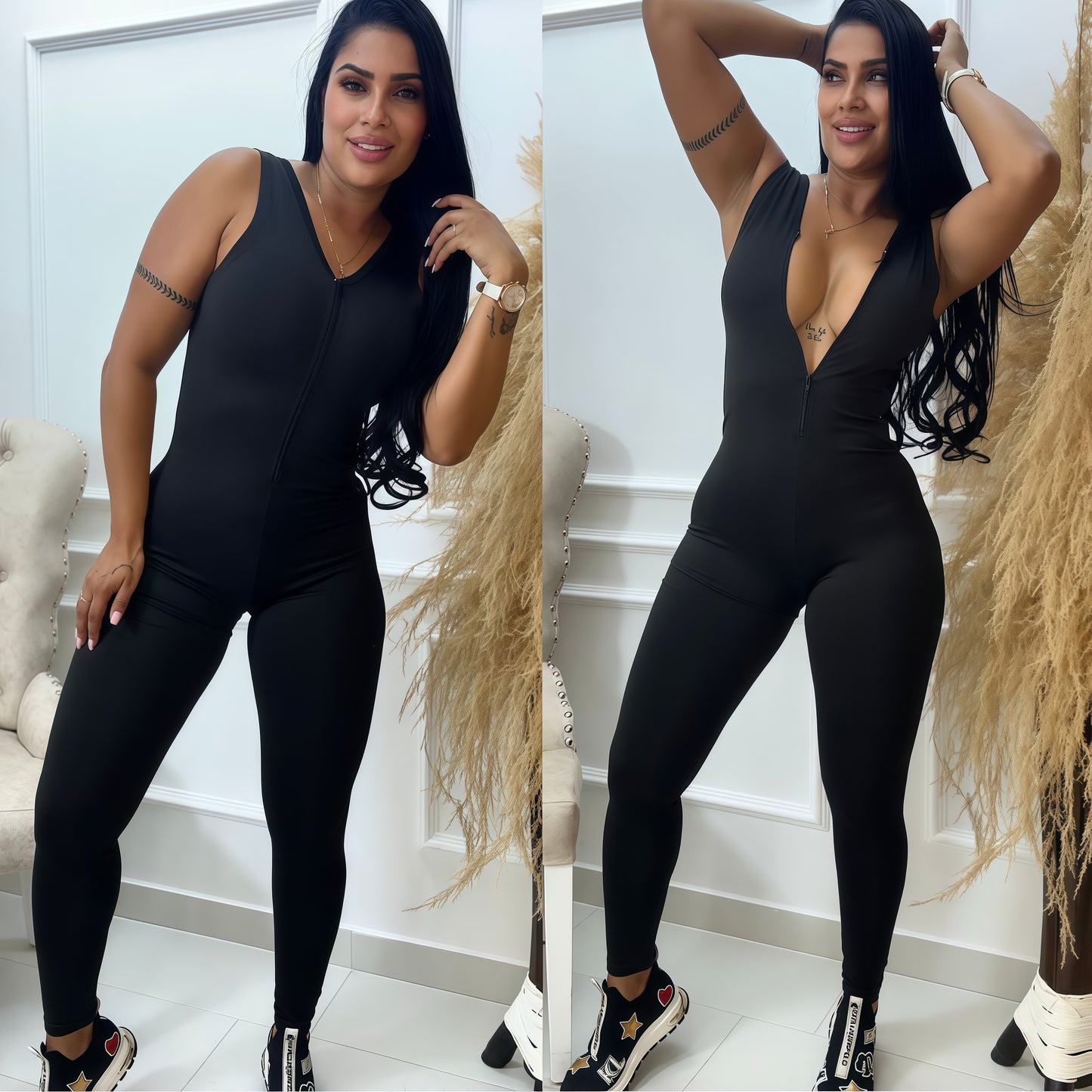 ENTERIZO LARGO MANGA SISA NEGRO CON CIERRE Y ESCOTE