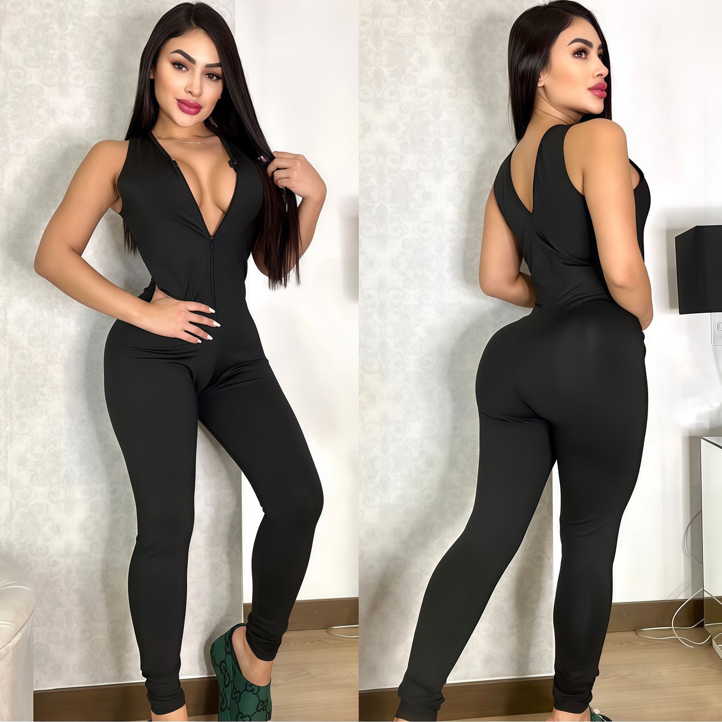 ENTERIZO LARGO MANGA SISA NEGRO CON CIERRE Y ESCOTE