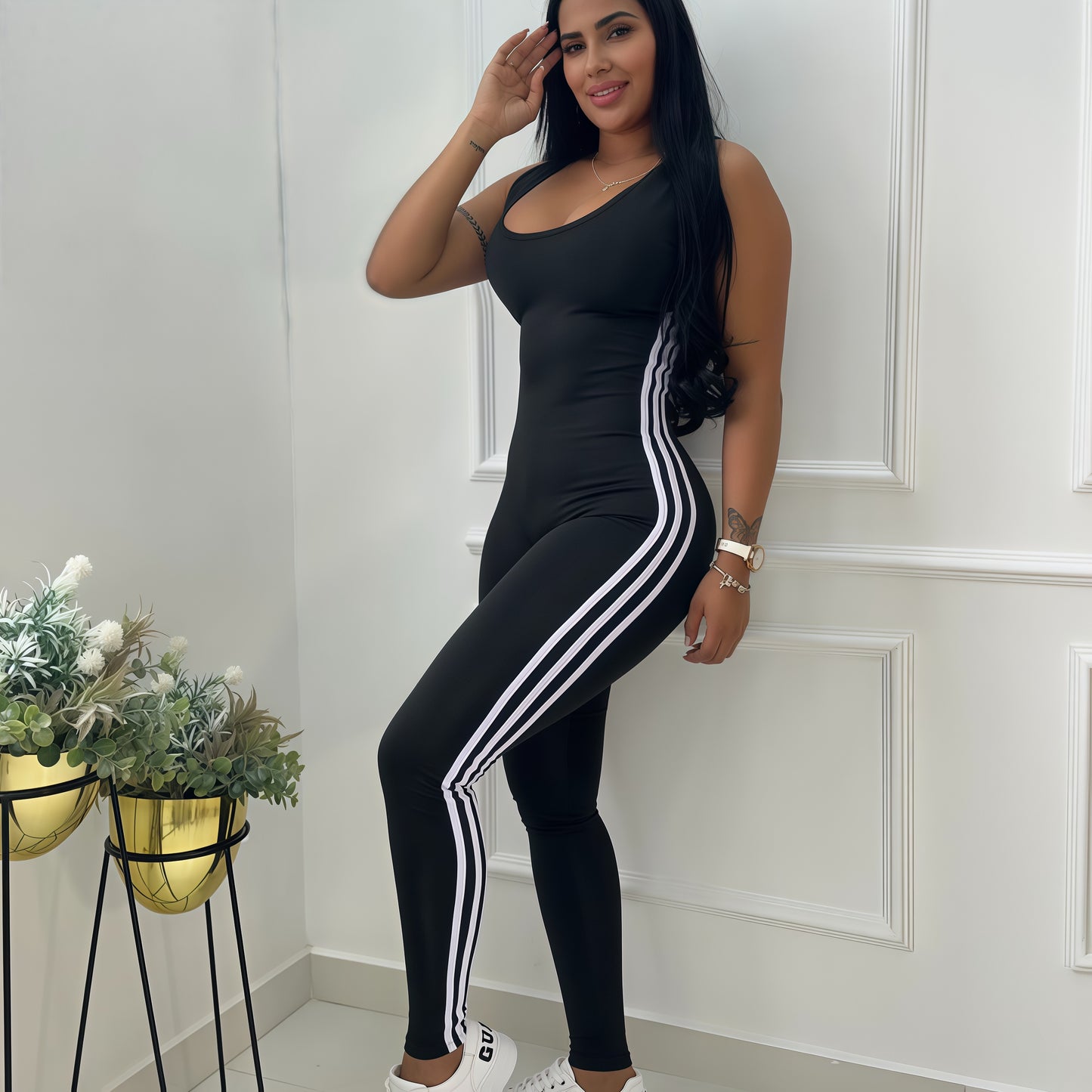 ENTERIZO 3 LÍNEAS LARGO MANGA SISA NEGRO