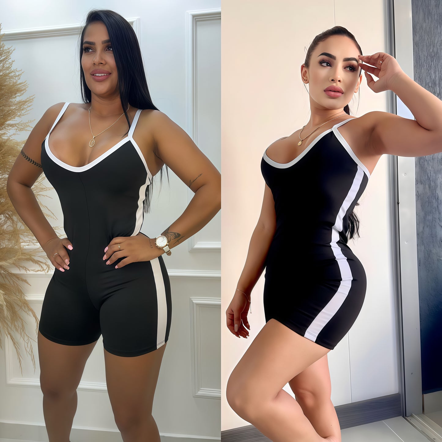 ENTERIZO PANDA CORTO NEGRO RAYA BLANCA