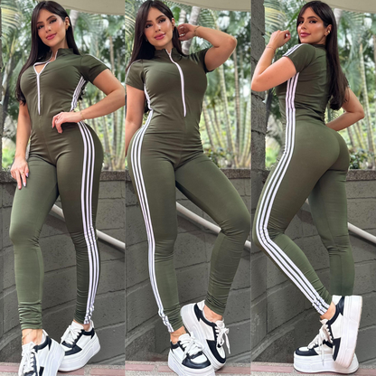 ENTERIZO 3 LÍNEAS LARGO MANGA CORTA VERDE