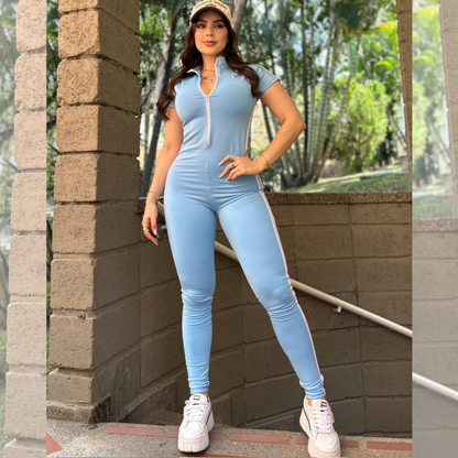 ENTERIZO 3 LÍNEAS LARGO MANGA CORTA CELESTE