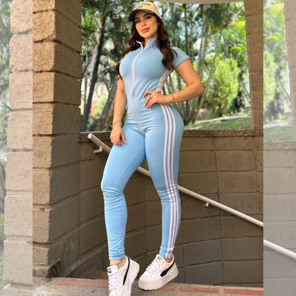 ENTERIZO 3 LÍNEAS LARGO MANGA CORTA CELESTE