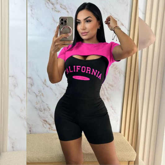 CONJUNTO  DE ENTERIZO + CROPTOP FUCSIA