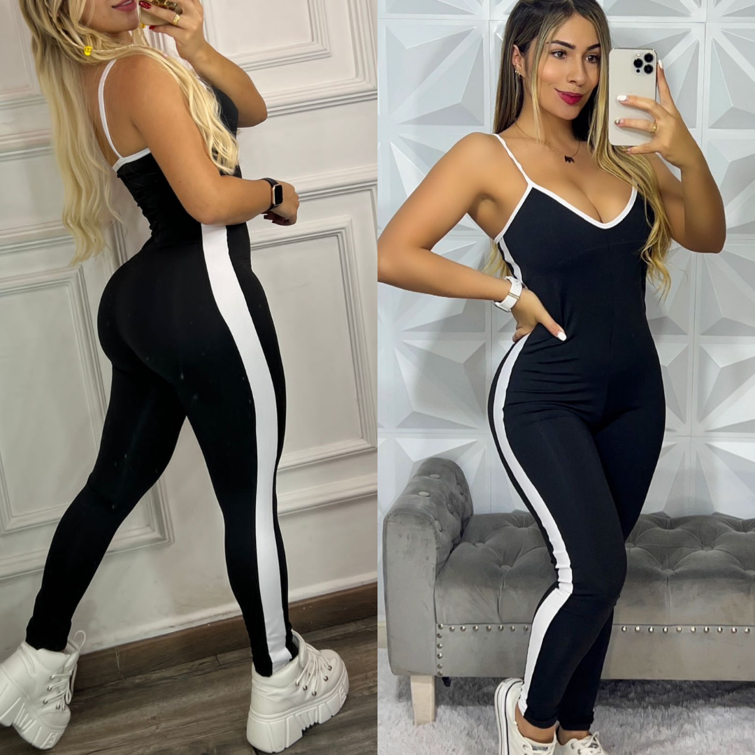 ENTERIZO PANDA LARGO NEGRO RAYA BLANCA