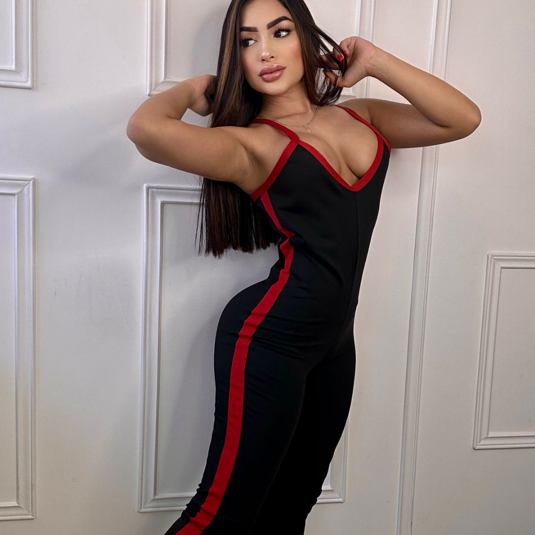 ENTERIZO PANDA LARGO NEGRO RAYA ROJA