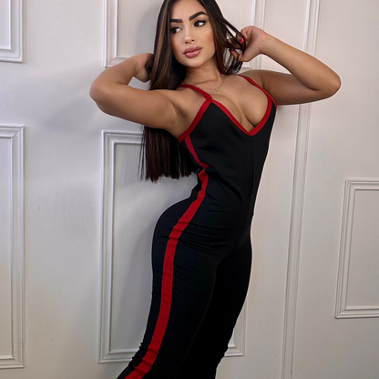 ENTERIZO PANDA LARGO NEGRO RAYA ROJA