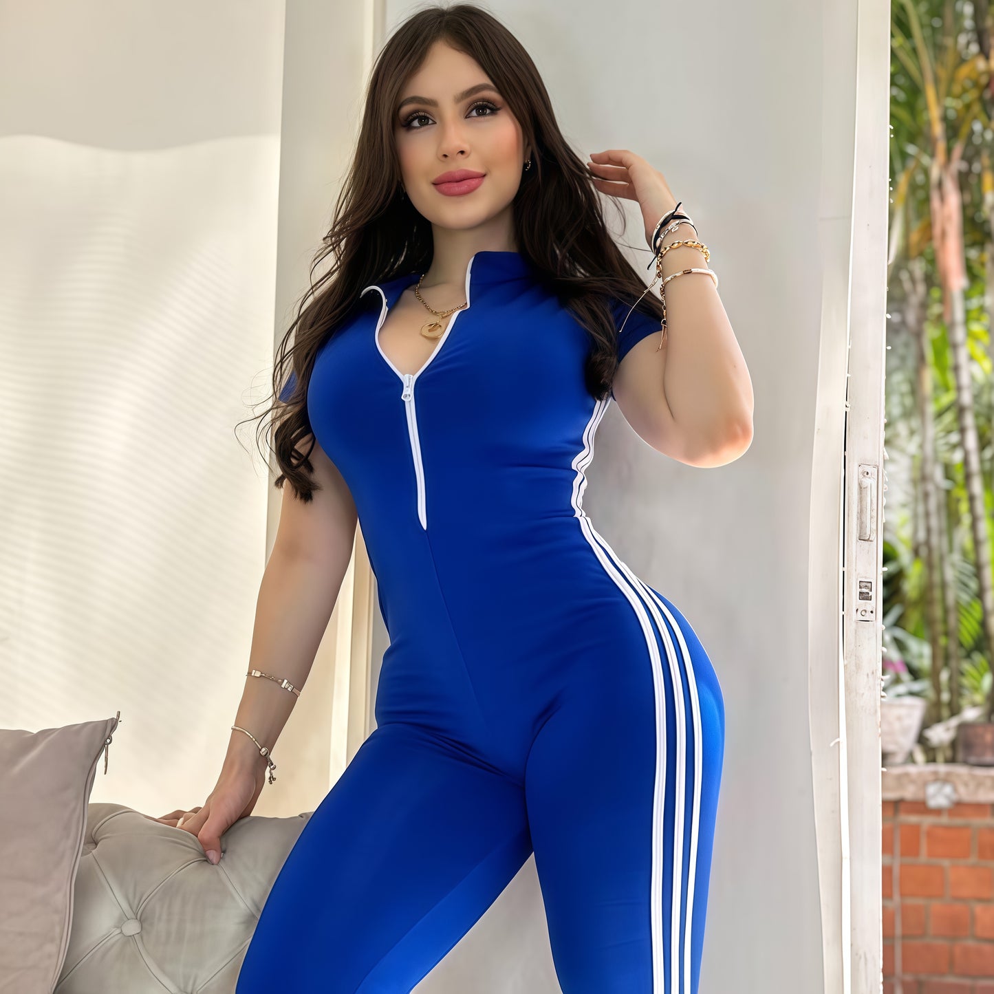 ENTERIZO 3 LÍNEAS LARGO MANGA CORTA AZUL