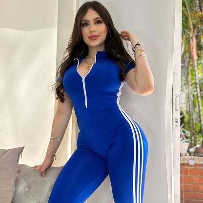 ENTERIZO 3 LÍNEAS LARGO MANGA CORTA AZUL