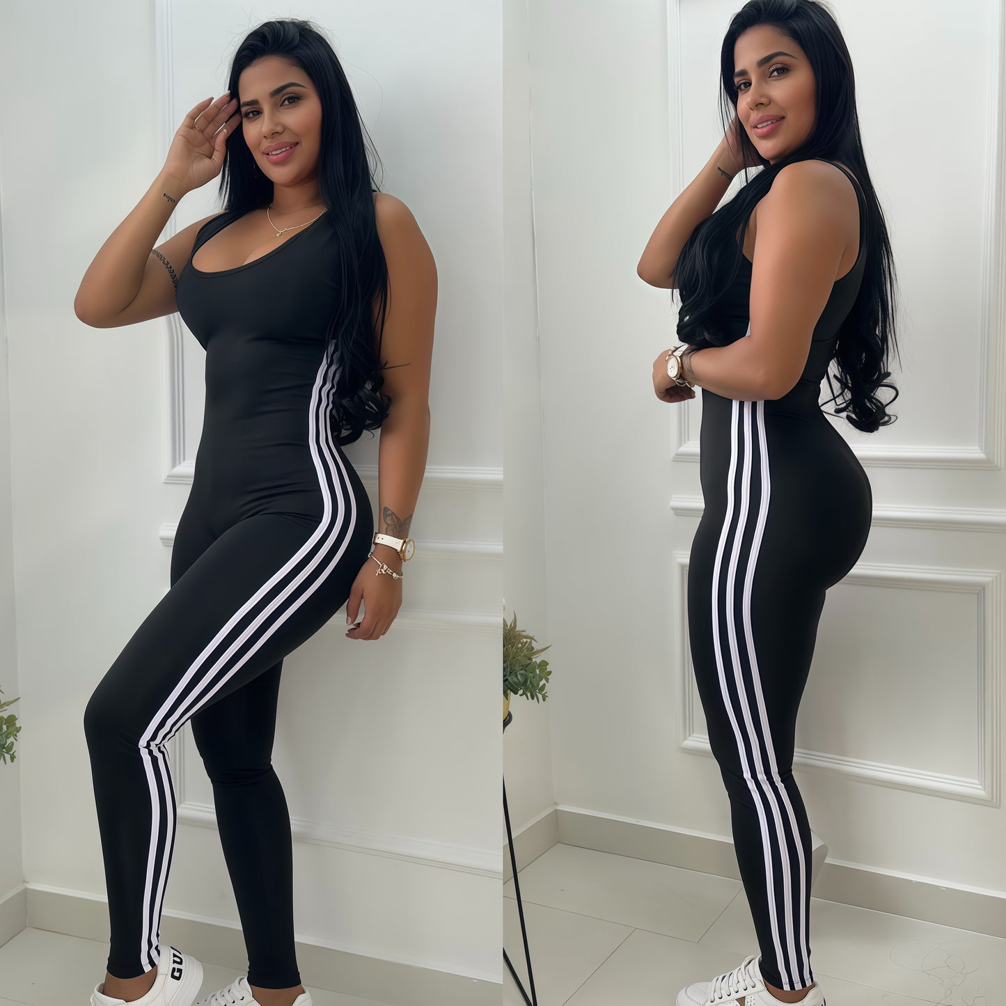 ENTERIZO 3 LÍNEAS LARGO MANGA SISA NEGRO