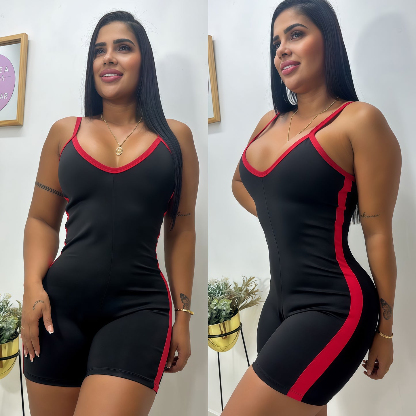 ENTERIZO PANDA CORTO NEGRO RAYA ROJA