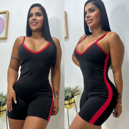 ENTERIZO PANDA CORTO NEGRO RAYA ROJA